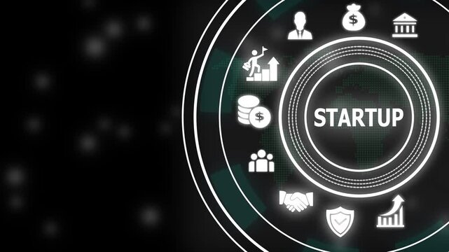 Digital startup business concept interface featuring animated for entrepreneurship, financial growth, corporate strategy, global networking, and innovative success