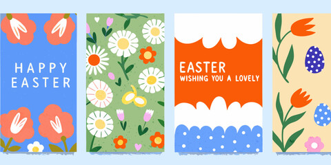 Four vertical easter cards with floral designs and cheerful greetings colorful illustration high quality professional © Dibyendu