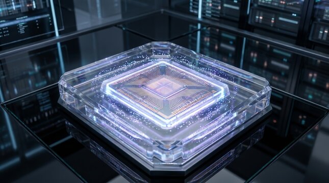 A glowing central processing unit chip features intricate golden circuitry encased in a polished transparent glass block for advanced computing
