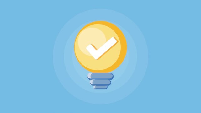 Animated light bulb with check mark symbol appearing on blue background representing validated ideas and innovation.