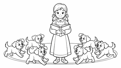 Fototapeta premium Little girl surrounded by happy dogs.