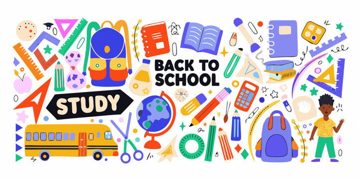 Colorful back to school illustration with school supplies books and a school bus high quality