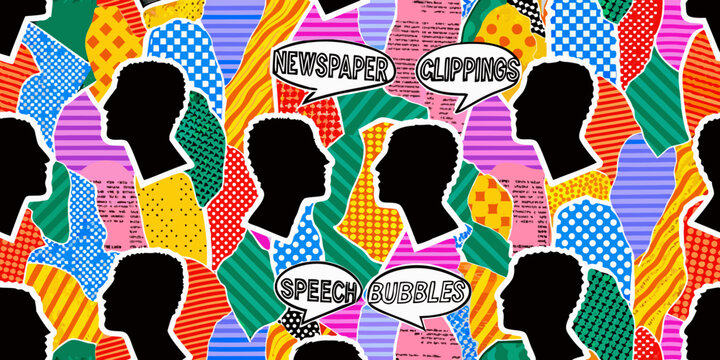 Black silhouette heads with colorful patterned backgrounds and speech bubble text high quality professional detailed