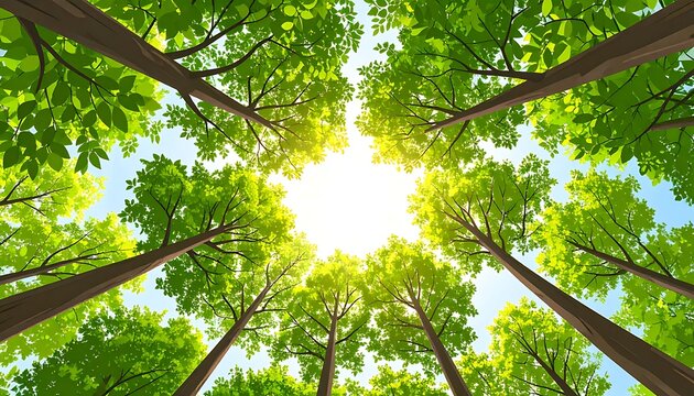 A forest canopy viewed from below on a sunny day