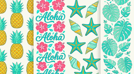 Set of Tropical Seamless Patterns with Pineapple, Hibiscus, Aloha Text, Starfish, Seashells, and Monstera Leaves for Summer Backgrounds and Fabric Design © Graphicnoell