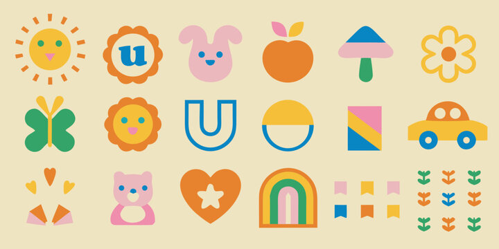 Collection of fifteen minimalist flat icons with cheerful designs on a beige background high quality