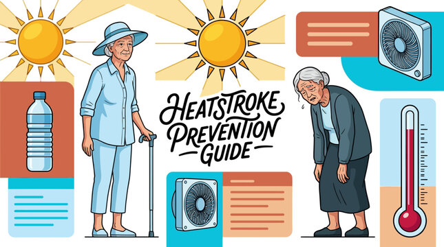 Senior Citizen Heatstroke Prevention Guide Illustration with Summer Safety Tips for Hydration and Cooling