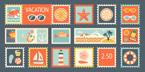 Colorful travel themed postage stamps with summer vacation icons and retro style high quality professional © Dibyendu