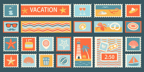 Collection of vibrant travel themed postage stamps in retro style with sunny colors high quality © Dibyendu