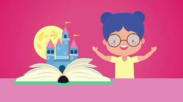 Little girl with glasses reading fairy tale book with castle popping up animation.