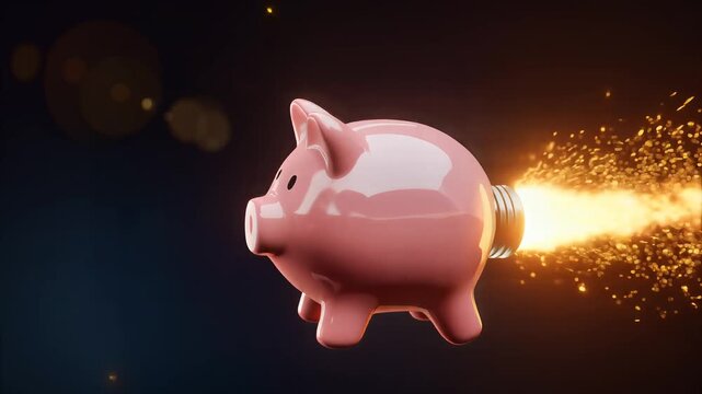 Dynamic piggy bank with jet propulsion, accelerating forward with fiery exhaust and sparks, symbolizing rapid financial growth, investment acceleration, and wealth accumulation