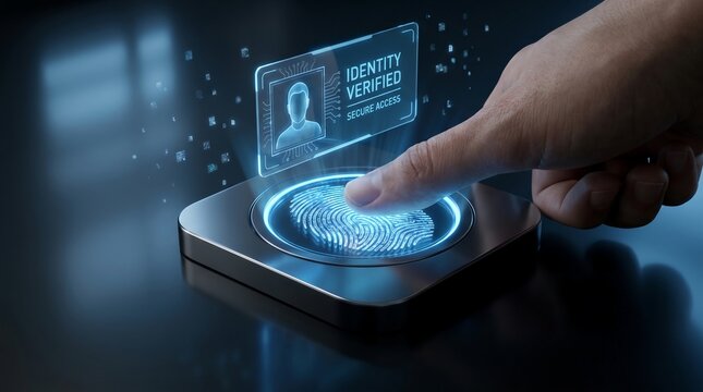 A human finger touches a biometric scanner displaying a glowing digital hologram to confirm identity for secure electronic system access