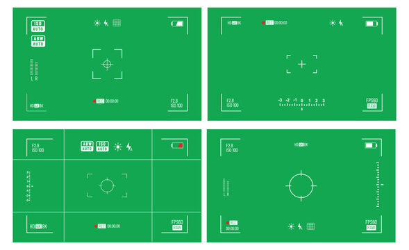 Camera viewfinder recording interface on a Green screen with focus reticle, REC indicator, timecode, resolution icons, and UI elements.