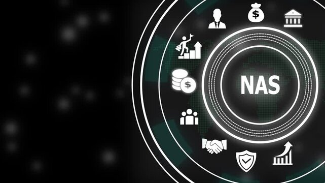 Nas network attached storage technology concept featuring digital interface with data management for enterprise cloud computing infrastructure and secure information