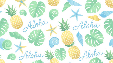 Tropical Seamless Pattern with Aloha Text, Pineapples, Monstera Leaves and Seashells in Pastel Colors © Graphicnoell