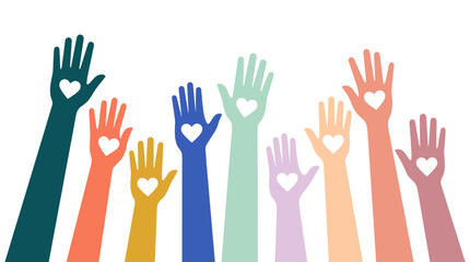 Fototapeta premium Minimalist vector artwork featuring colorful raised hands with heart icons symbolizing justice, equality, compassion, and human rights awareness for International Justice Day projects and campaigns.