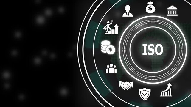 Iso certification standards digital interface concept with business and corporate compliance management symbols for global assurance and operational excellence systems
