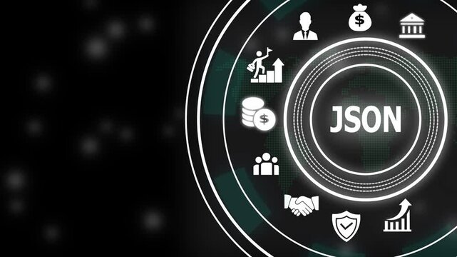 Json programming language concept with futuristic circular interface displaying digital business and data network connectivity for modern software development