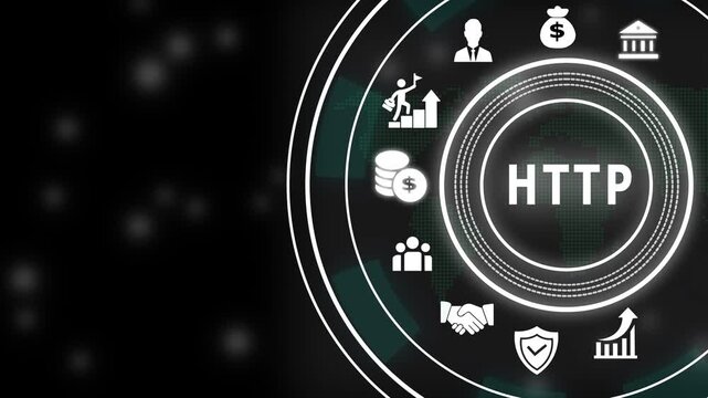 Http protocol digital interface concept with animated business and global network connectivity symbols for advanced cyber security and modern web development