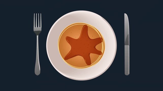 Animated pancake breakfast served on plate with maple syrup and butter on dark background.