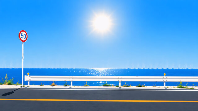 青い海と真夏の太陽を望む海岸道路と速度制限の標識イラスト｜海, 道路, 太陽, 標識, ガードレール, 青空, ベクター