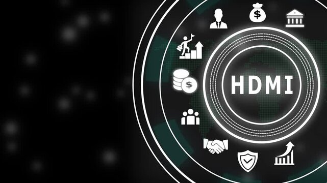 Digital hdmi interface technology concept with animated business and financial growth symbols in a futuristic circular hud display for corporate presentation and data