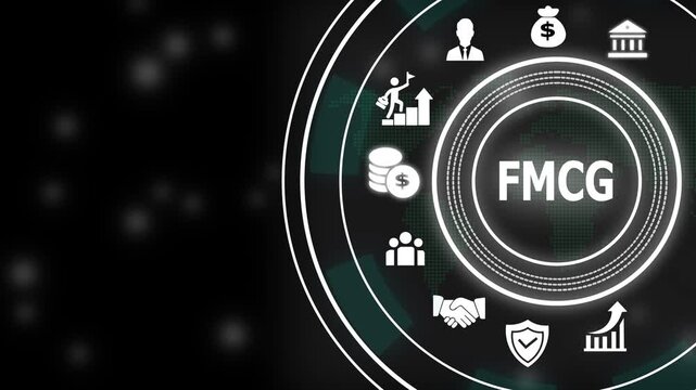 Fmcg fast moving consumer goods digital concept with animated business and circular hud interface for corporate marketing presentations and retail industry data