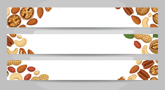 Set of three horizontal web banners featuring various healthy nuts such as walnuts, almonds, cashews, and peanuts arranged at the corners.