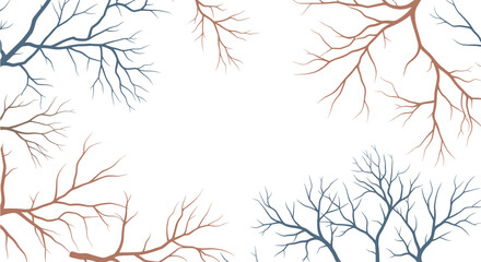 Fototapeta premium Abstract background featuring the silhouettes of bare tree branches in blue and brown shades framing a central white space for text or design.