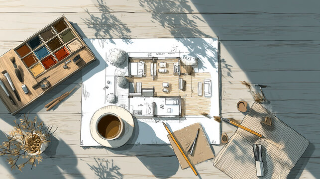 Architecture and design concept top view of abstract architecture drawing planning background flat or house visualization floor plan illustration architectural layout and design presentation concept