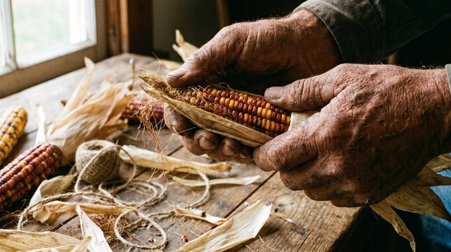 A persons hands holding an ear of corn with husks and other corn on a wooden table
