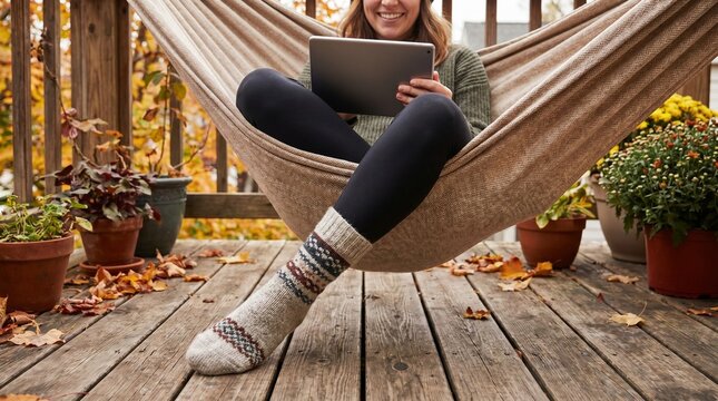 Woman relaxing in a hammock on a wooden deck with potted plants