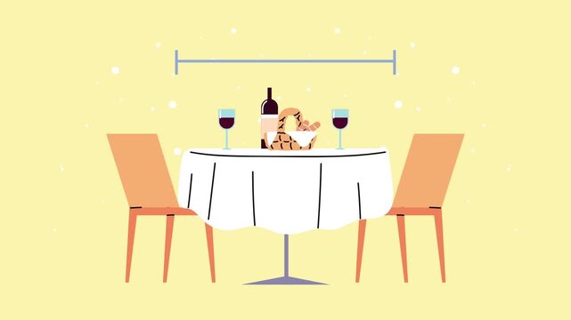 Flat style animation of elegant romantic dinner table with wine and bread basket on yellow background.