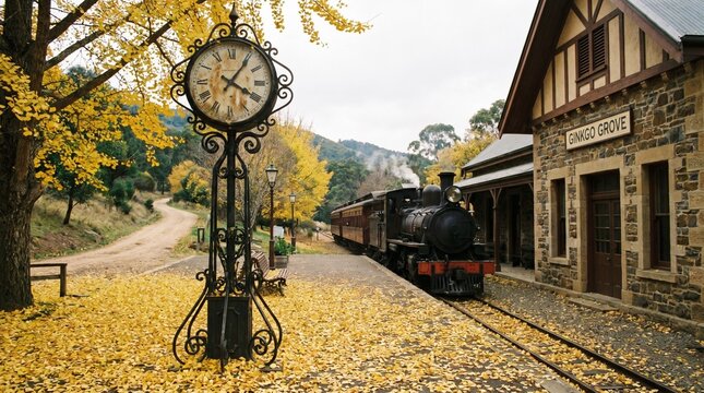 Old train station with clock and steam train in autumn