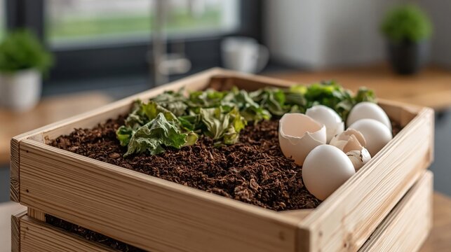 Compost in a wooden crate with soil for composting organic waste and sustainability