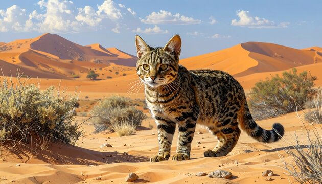 A spotted feline stands in a sandy, desert environment, looking towards the viewer with dunes in the distance under a blue sky