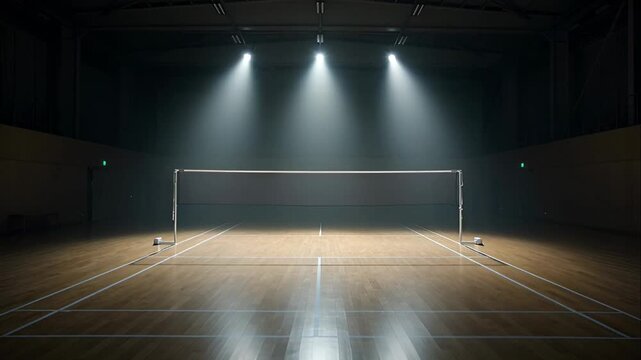 Empty badminton court with spotlight.