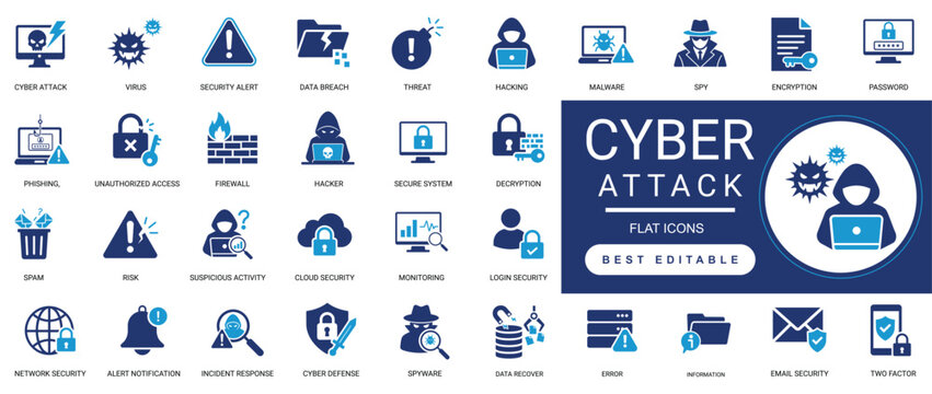 cyber attack solid glyph icon set. security, hacker, virus, malware, phishing, spam, ransomware, bug, threat, spyware. editable vector illustration.
