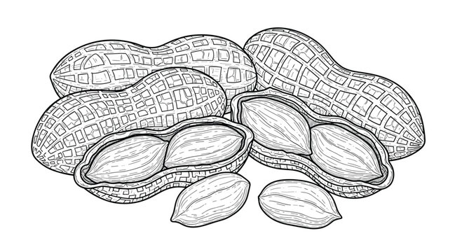 Realistic botanical sketch of several whole peanuts in their shells and some shelled kernels shown on a clean and minimalist white background.