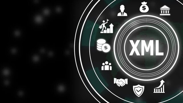 Advanced xml programming language concept featuring digital interface infographic for corporate data management, software development, web coding, and information