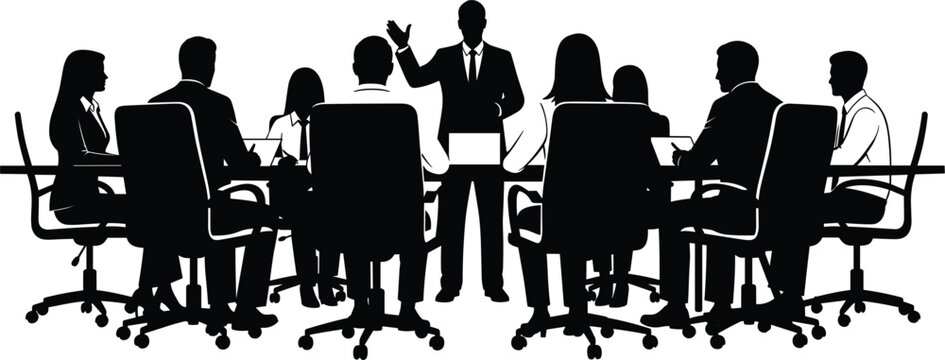 Executive conference silhouette vector displaying corporate team meeting, office communication, and strategic business leadership discussion scene