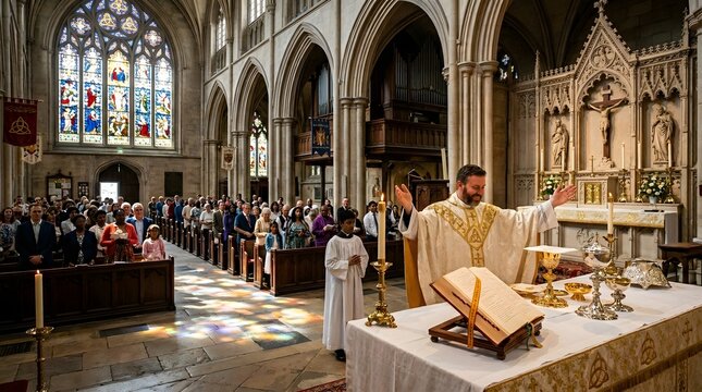 Priest performing a religious ceremony in a grand church with stained glass windows and a congregation.
