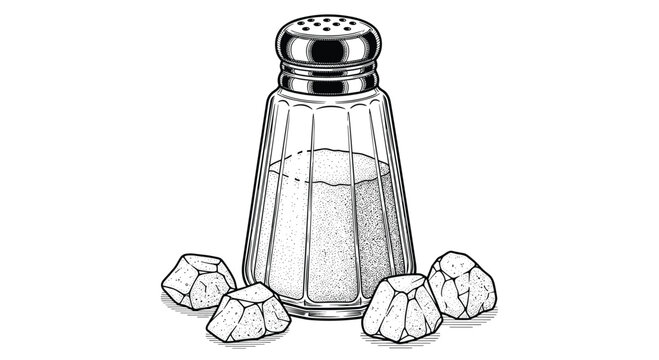 Detailed black and white sketch of a classic glass salt shaker with a metal cap and some large salt chunks scattered at its base on white.