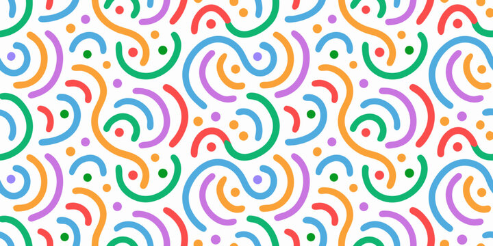 Colorful seamless pattern of interwoven squiggly lines with dots on white background high quality professional