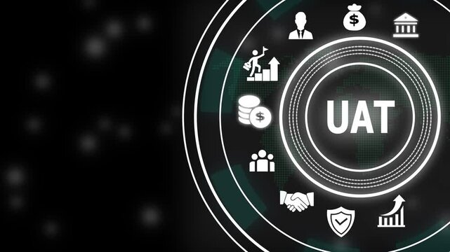 User acceptance testing uat concept with digital interface featuring business growth, financial success, collaboration, and assurance symbols for corporate software
