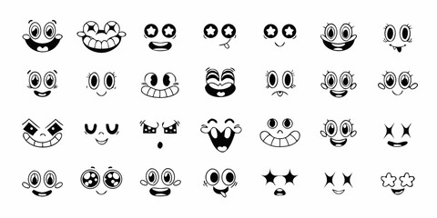 Collection of black and white cartoon face expressions vintage rubber hose animation style on a white background © Titul