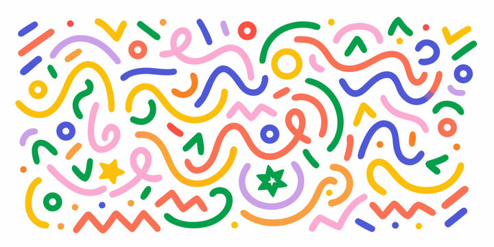 abstract doodle pattern with colorful overlapping lines and shapes on a white background high quality