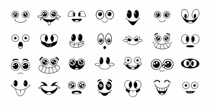 Collection of black and white cartoon face expressions vintage animation style on a white background