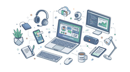 Fototapeta premium Isometric technology and devices illustration digital workspace concept with laptop computer smartphone.