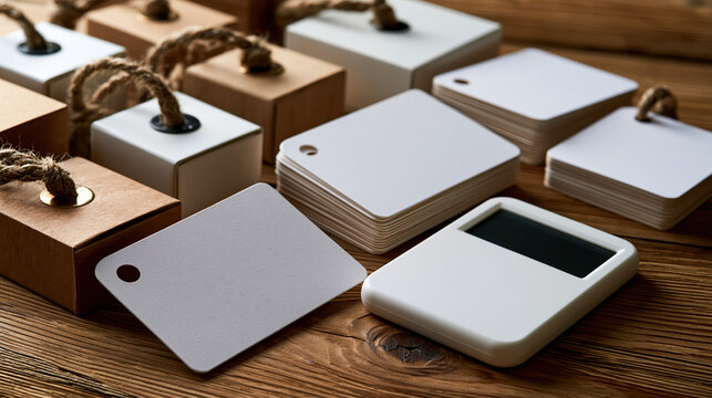 Imported goods samples tariff cost planning blank label card paper tag product sample price tag packaging box wooden table close up business
